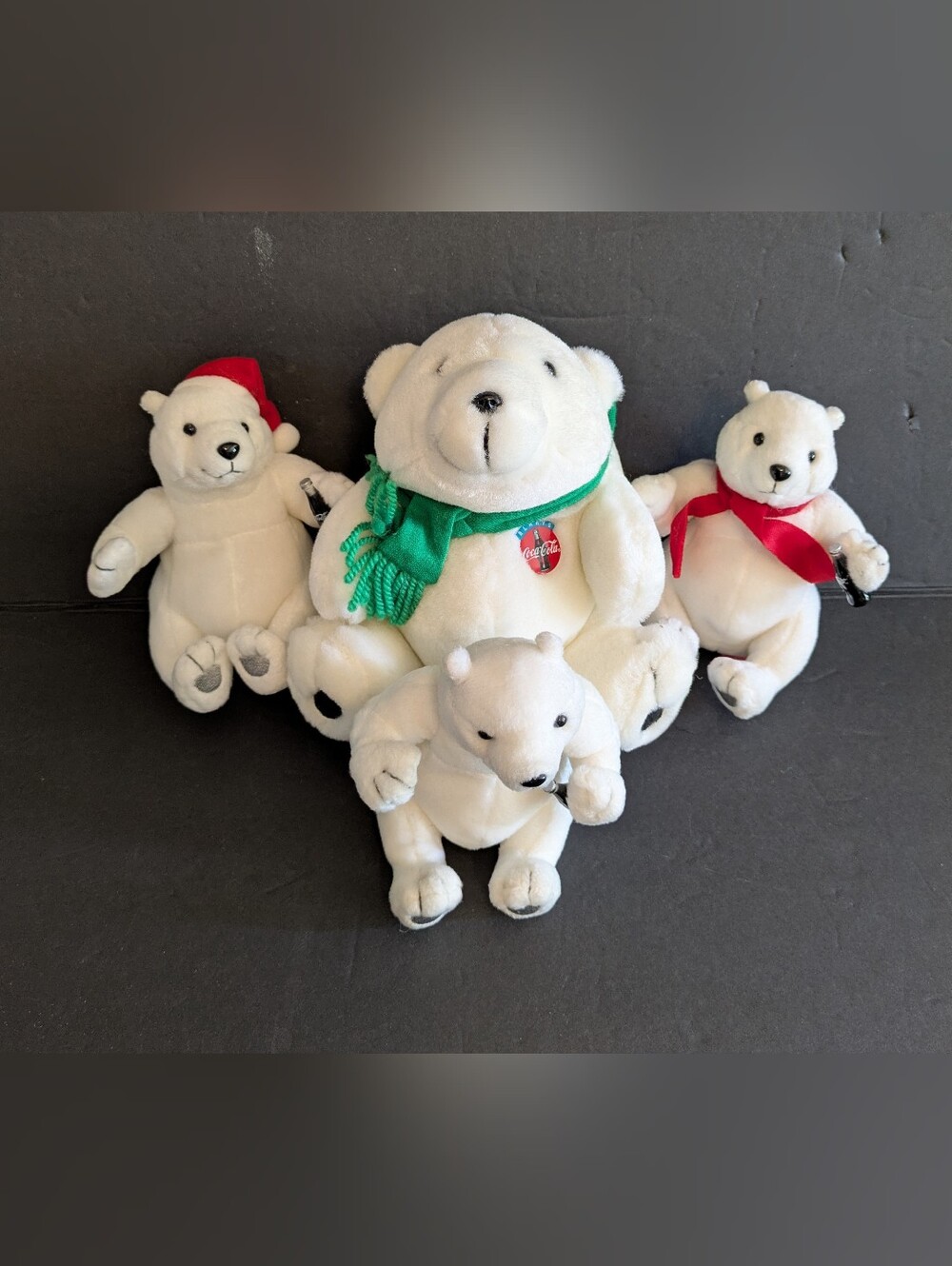 Coca Cola Plush Polar Bear Family with Green & Red Scarfs  & Cola Bottles 1993